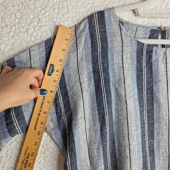FOIL Sz8 Ws Linen Blue Gray Navy Stripes BigButtons accent Tunic Top Boho Hippie - Picture 7 of 14
